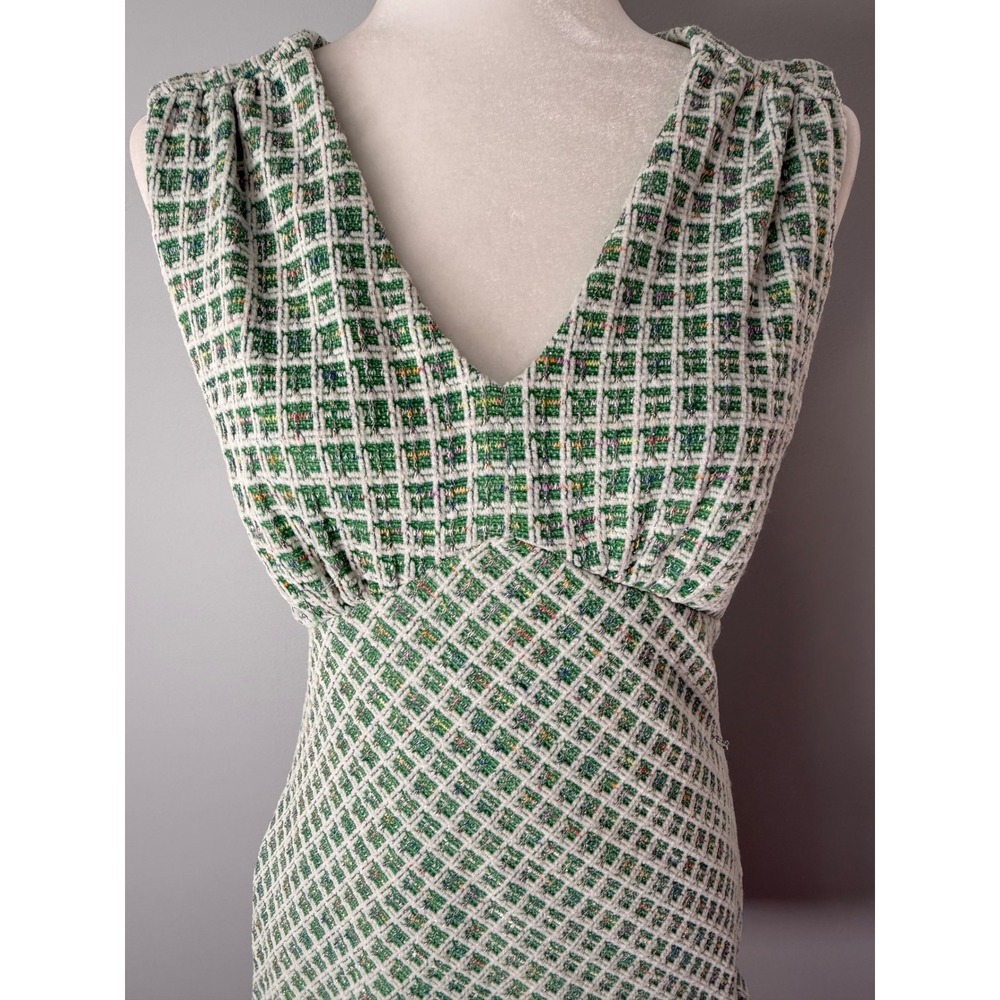 Taylor Plaid Tweed V-Neck Flounce Hem Sleeveless Mini Dress Green White Size 8 - Picture 2 of 14
